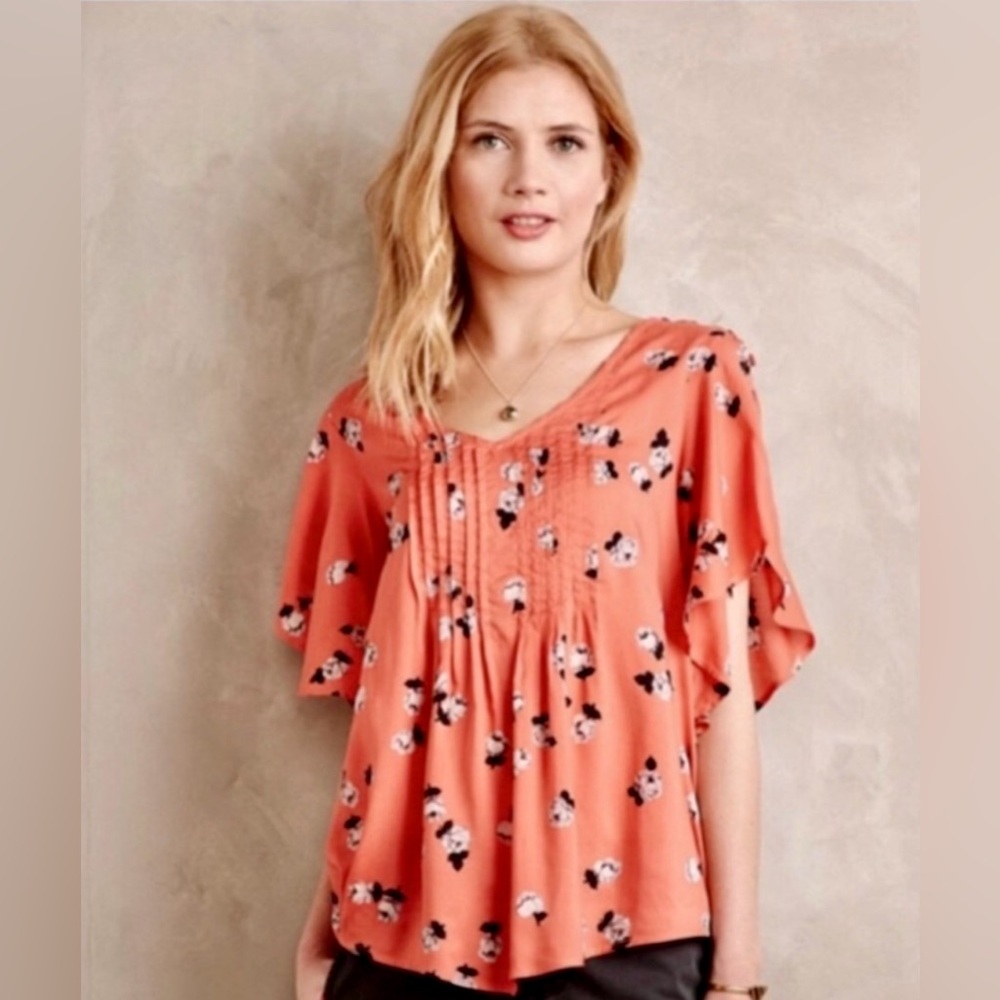 Anthropologie Maeve Maya Floral Flutter Sleeve Pleated Boho Top In Orange Size 4